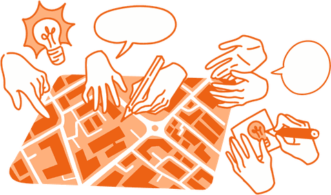 Company profile cover — hand-drawn illustration of hands over a city plan