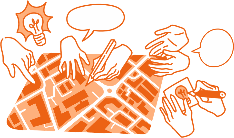 Brochure cover illustration — hands sketching over a city plan